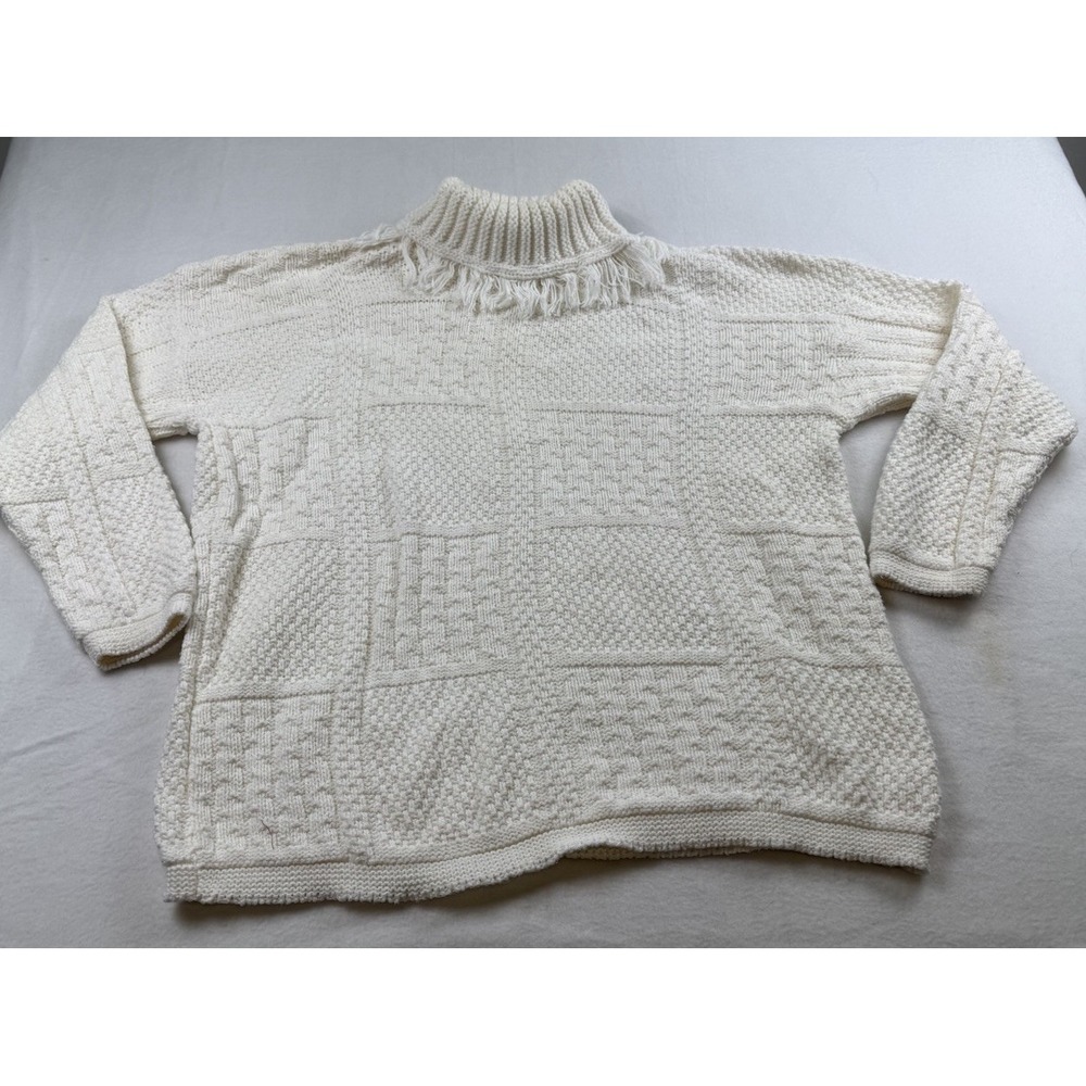 Vtg Hunt Club Fringe Turtleneck Sweater Size L USA Ivory Textured Patchwork
